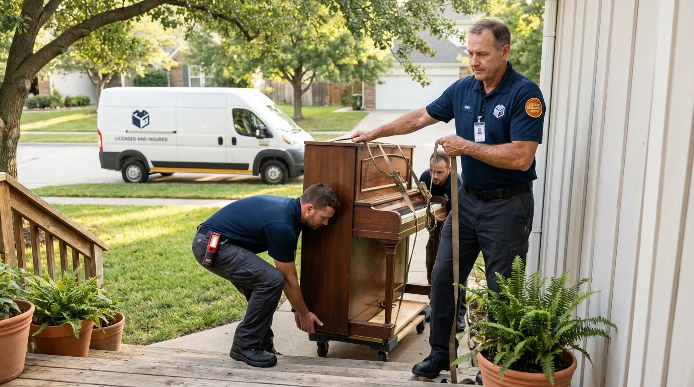 Licensed piano movers securing grand piano in Waynesville, NC