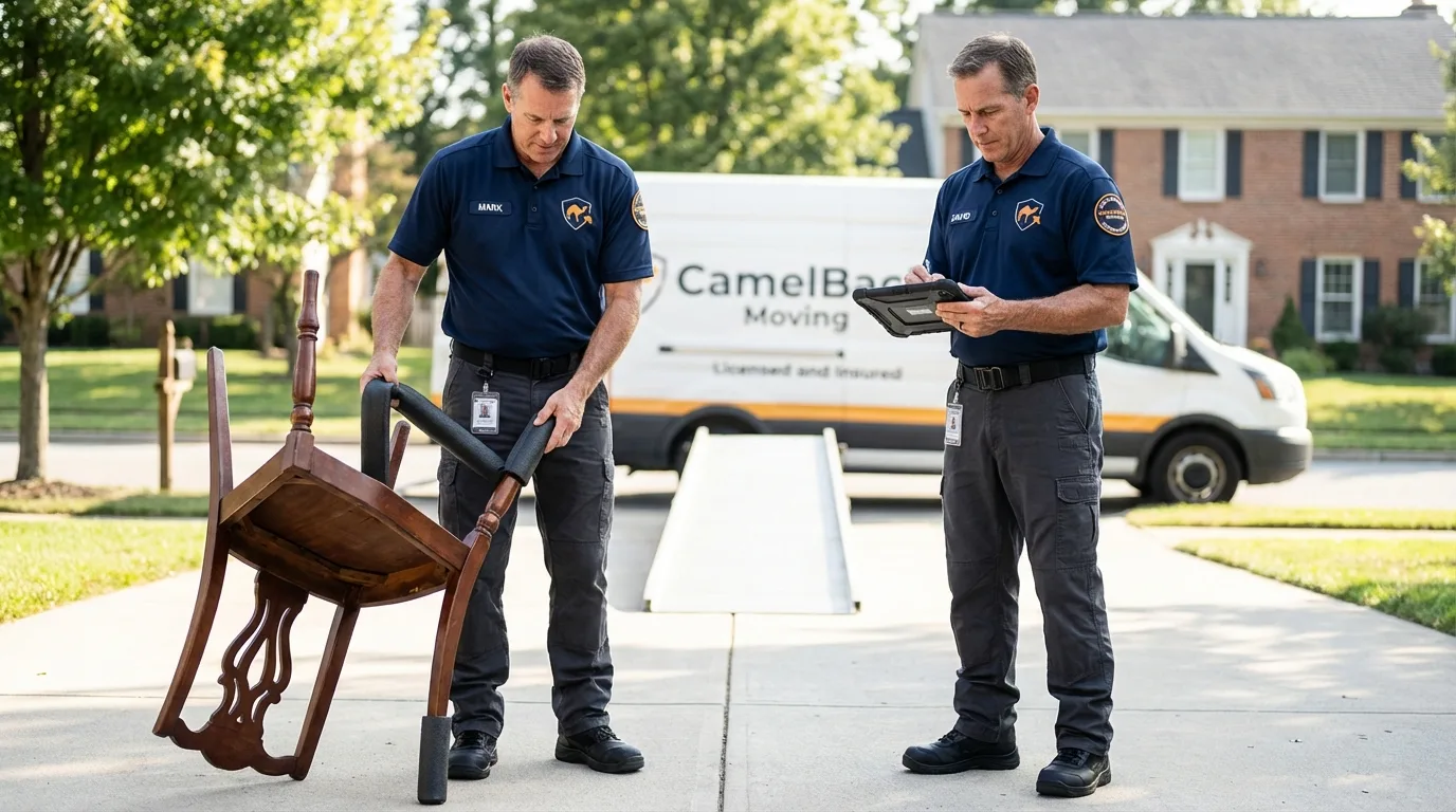 Movers inspecting furniture for damage prevention before loading in Waynesville, NC